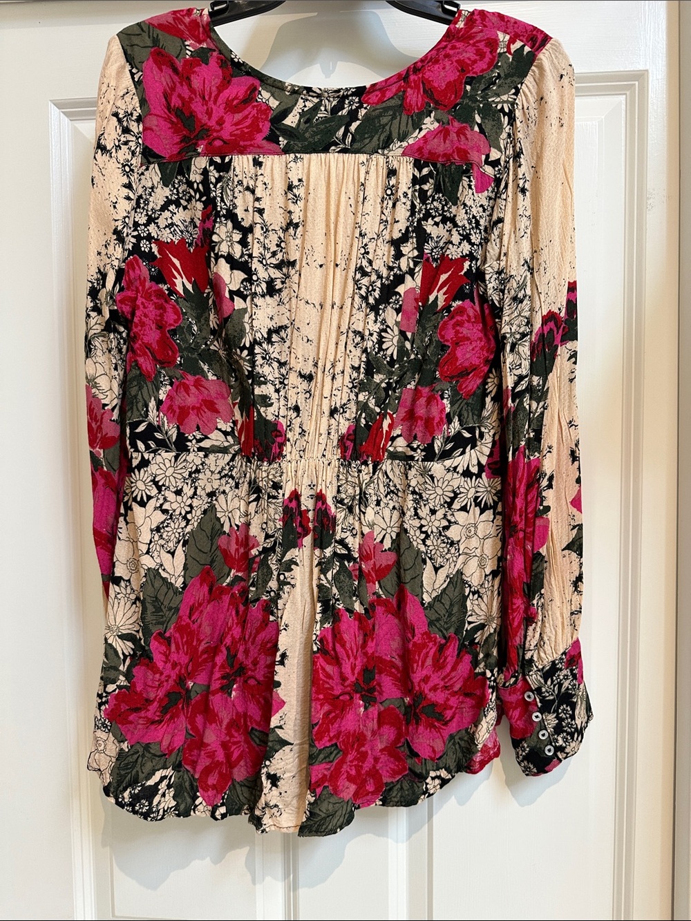 Free People Boho Black Floral top with Pink & Cream Blooms hook and eye closures - Picture 2 of 5